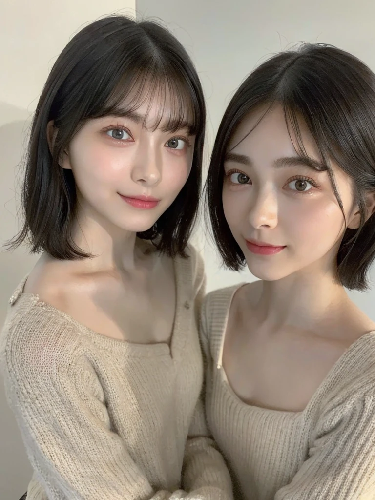 (masterpiece:1.3), (8k, Photoreal, Raw photo, best image quality: 1.4), Japanese high school girl、(random hairstyle:1.2)、cleavage:1.5、super detail face、eye for details、double eyelid、chest to chest、sharp focus:1.2、Beautiful woman:1.4、light brown hair、highest quality、masterpiece、超A high resolution、(Photoreal:1.4)、Highly detailed and professionally lit smiles、loose and light knitwear、shoulder out、thin、serious expression、short haired、deadly position
similar identical twins
All the girls have the exact same face, The two have the same face and figure, as if they were mirror images.