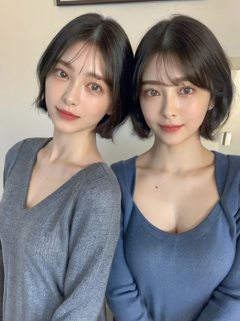 (masterpiece:1.3), (8k, Photoreal, Raw photo, best image quality: 1.4), Japanese high school girl、(random hairstyle:1.2)、cleavage:1.5、super detail face、eye for details、double eyelid、chest to chest、sharp focus:1.2、Beautiful woman:1.4、light brown hair、highest quality、masterpiece、超A high resolution、(Photoreal:1.4)、Highly detailed and professionally lit smiles、loose and light knitwear、shoulder out、thin、serious expression、short haired、deadly position
similar identical twins
All the girls have the exact same face, The two have the same face and figure, as if they were mirror images.