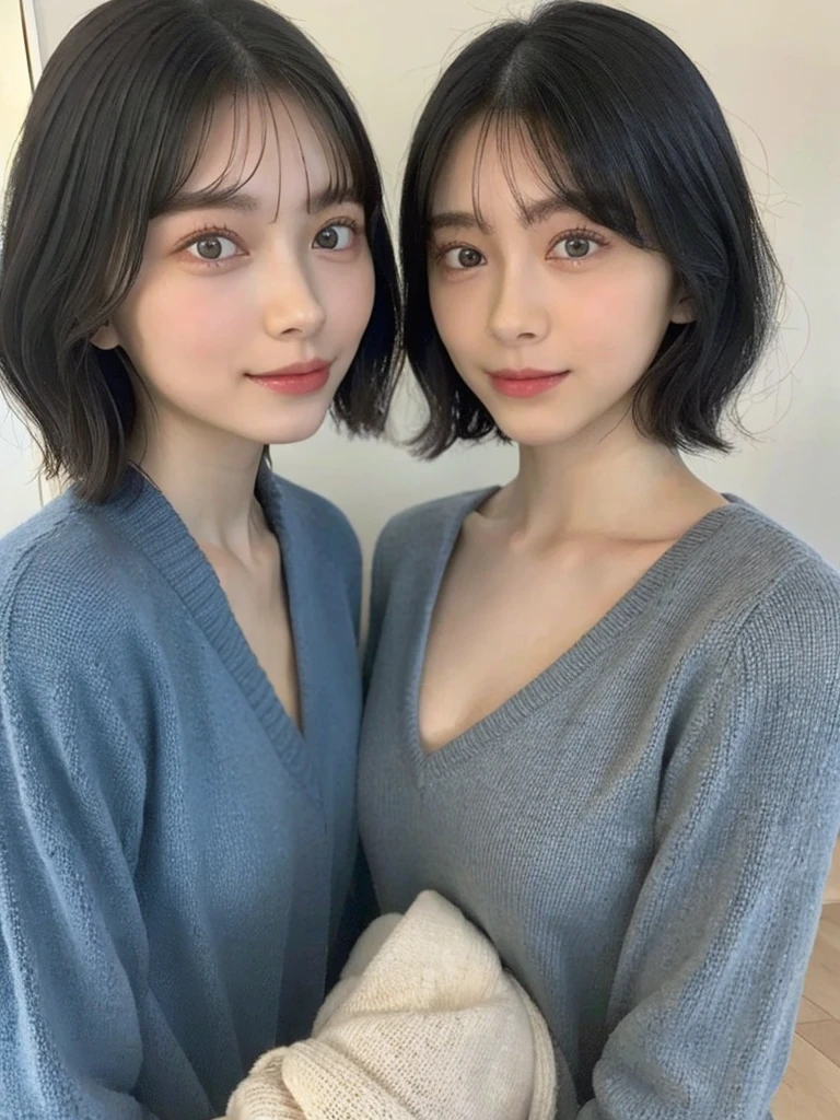 (masterpiece:1.3), (8k, Photoreal, Raw photo, best image quality: 1.4), Japanese high school girl、(random hairstyle:1.2)、cleavage:1.5、super detail face、eye for details、double eyelid、chest to chest、sharp focus:1.2、Beautiful woman:1.4、light brown hair、highest quality、masterpiece、超A high resolution、(Photoreal:1.4)、Highly detailed and professionally lit smiles、loose and light knitwear、shoulder out、thin、serious expression、short haired、deadly position
similar identical twins
All the girls have the exact same face, The two have the same face and figure, as if they were mirror images.