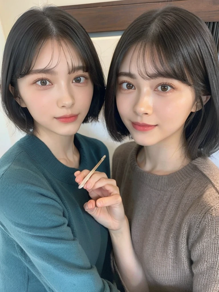 (masterpiece:1.3), (8k, Photoreal, Raw photo, best image quality: 1.4), Japanese high school girl、(random hairstyle:1.2)、cleavage:1.5、super detail face、eye for details、double eyelid、chest to chest、sharp focus:1.2、Beautiful woman:1.4、light brown hair、highest quality、masterpiece、超A high resolution、(Photoreal:1.4)、Highly detailed and professionally lit smiles、loose and light knitwear、shoulder out、thin、serious expression、short haired、deadly position
similar identical twins
All the girls have the exact same face, The two have the same face and figure, as if they were mirror images.