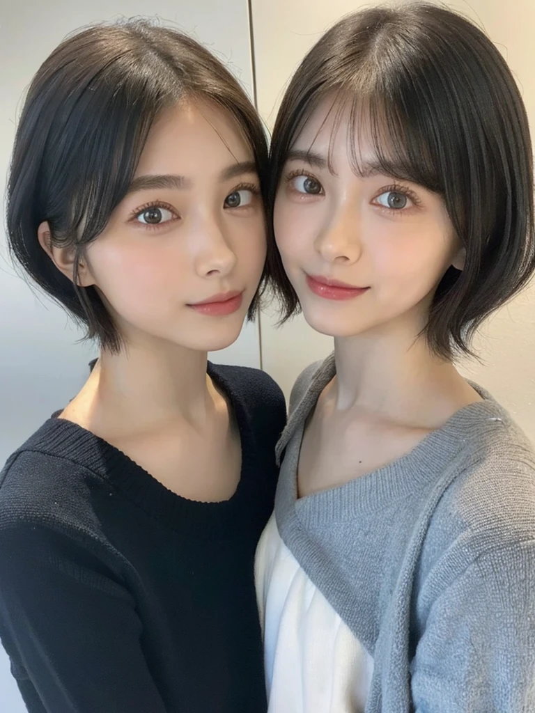(masterpiece:1.3), (8k, Photoreal, Raw photo, best image quality: 1.4), Japanese high school girl、(random hairstyle:1.2)、cleavage:1.5、super detail face、eye for details、double eyelid、chest to chest、sharp focus:1.2、Beautiful woman:1.4、light brown hair、highest quality、masterpiece、超A high resolution、(Photoreal:1.4)、Highly detailed and professionally lit smiles、loose and light knitwear、shoulder out、thin、serious expression、short haired、deadly position
similar identical twins
All the girls have the exact same face, The two have the same face and figure, as if they were mirror images.