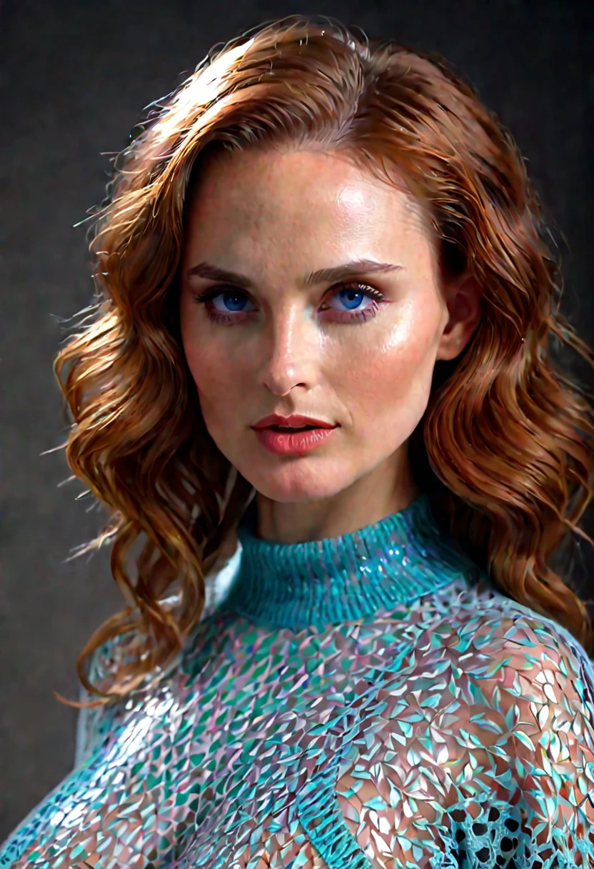 (Natalie Portman, woman, redhead, blue eyes, big breasts, transparent sweater, small chin, beautiful detailed eyes, beautiful detailed lips, extremely detailed face, long eyelashes, cinematic lighting, dramatic pose, elegant, refined, delicate, intricate details, photorealistic, 8k, hyper detailed, masterpiece, high quality, vibrant colors, dramatic lighting)