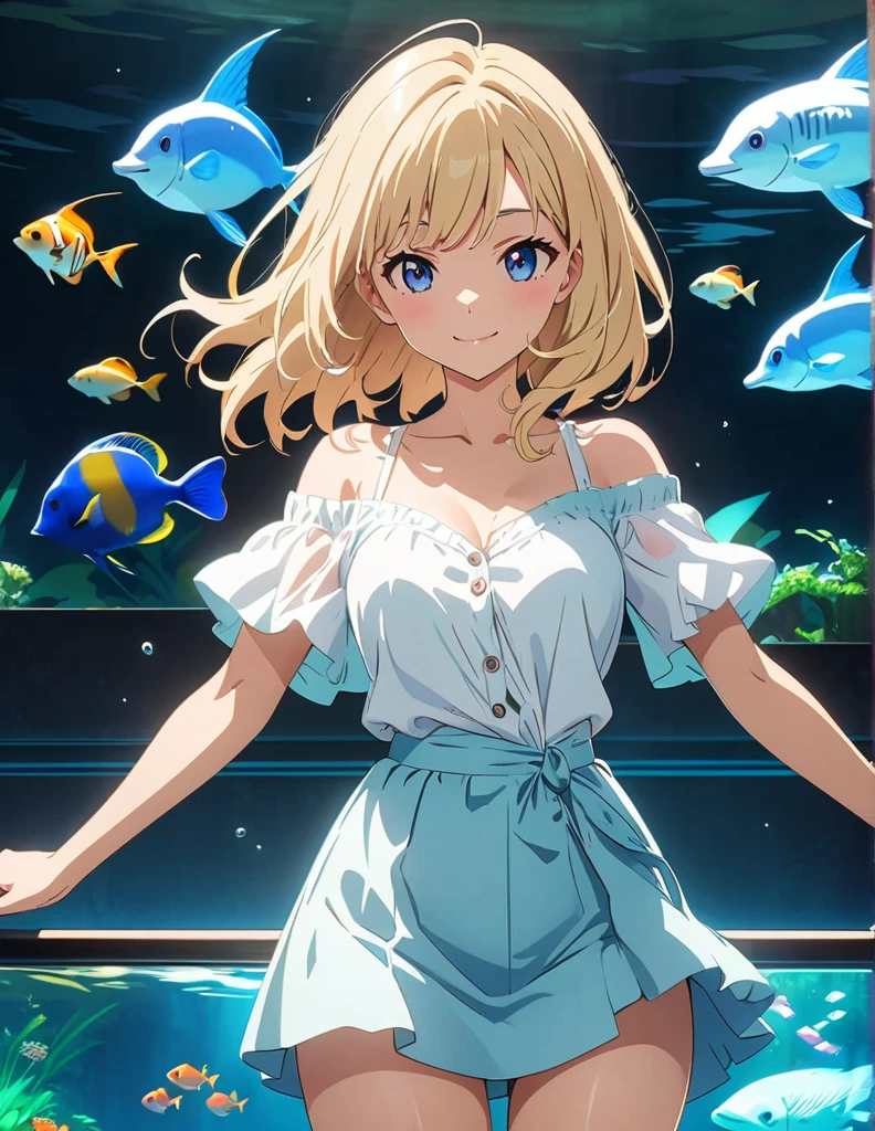 (anime artwork, anime style, studio anime, very detailed, up to date, vibrant, Anime Coloring, high contrast, masterpiece:1.2, best quality, best aesthetics),1 girl, Medium chest, A glimpse of thighs,happy,aquarium,light smile, summer clothes,
