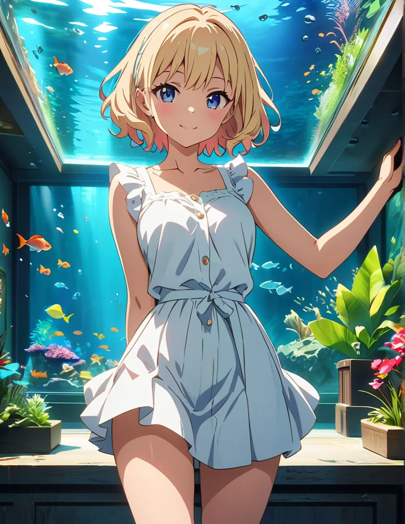 (anime artwork, anime style, studio anime, very detailed, up to date, vibrant, Anime Coloring, high contrast, masterpiece:1.2, best quality, best aesthetics),1 girl, Medium chest, A glimpse of thighs,happy,aquarium,light smile, summer clothes,