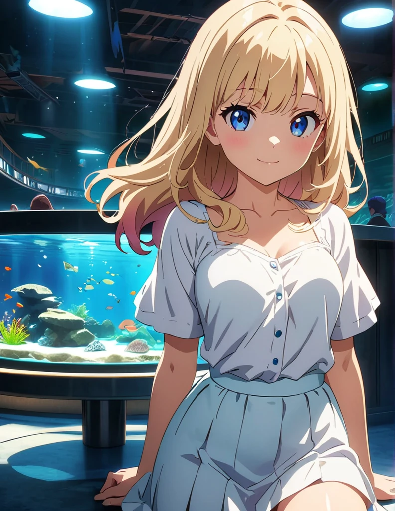 (anime artwork, anime style, studio anime, very detailed, up to date, vibrant, Anime Coloring, high contrast, masterpiece:1.2, best quality, best aesthetics),1 girl, Medium chest, A glimpse of thighs,happy,aquarium,light smile, summer clothes,crowd, 