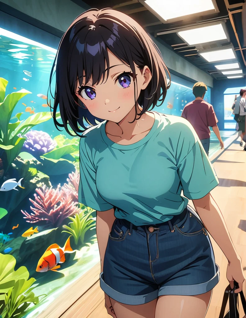 (anime artwork, anime style, studio anime, very detailed, up to date, vibrant, Anime Coloring, high contrast, masterpiece:1.2, best quality, best aesthetics),1 girl, Medium chest, A glimpse of thighs,happy,aquarium,light smile, summer clothes,crowd,