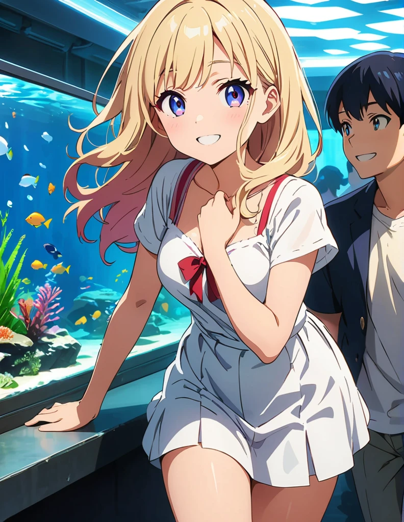 (anime artwork, anime style, studio anime, very detailed, up to date, vibrant, Anime Coloring, high contrast, masterpiece:1.2, best quality, best aesthetics),1 girl, Medium chest, A glimpse of thighs,happy,aquarium,light smile, summer clothes,crowd,