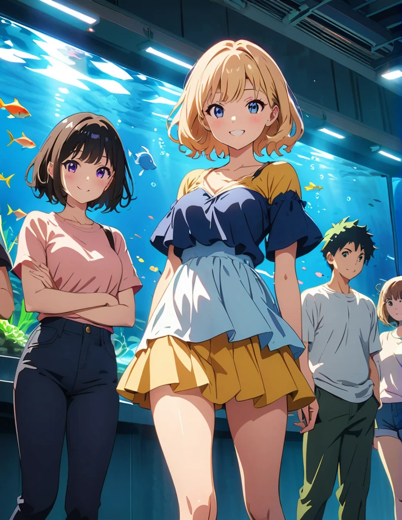 (anime artwork, anime style, studio anime, very detailed, up to date, vibrant, Anime Coloring, high contrast, masterpiece:1.2, best quality, best aesthetics),1 girl, Medium chest, A glimpse of thighs,happy,aquarium,light smile, summer clothes,crowd, 