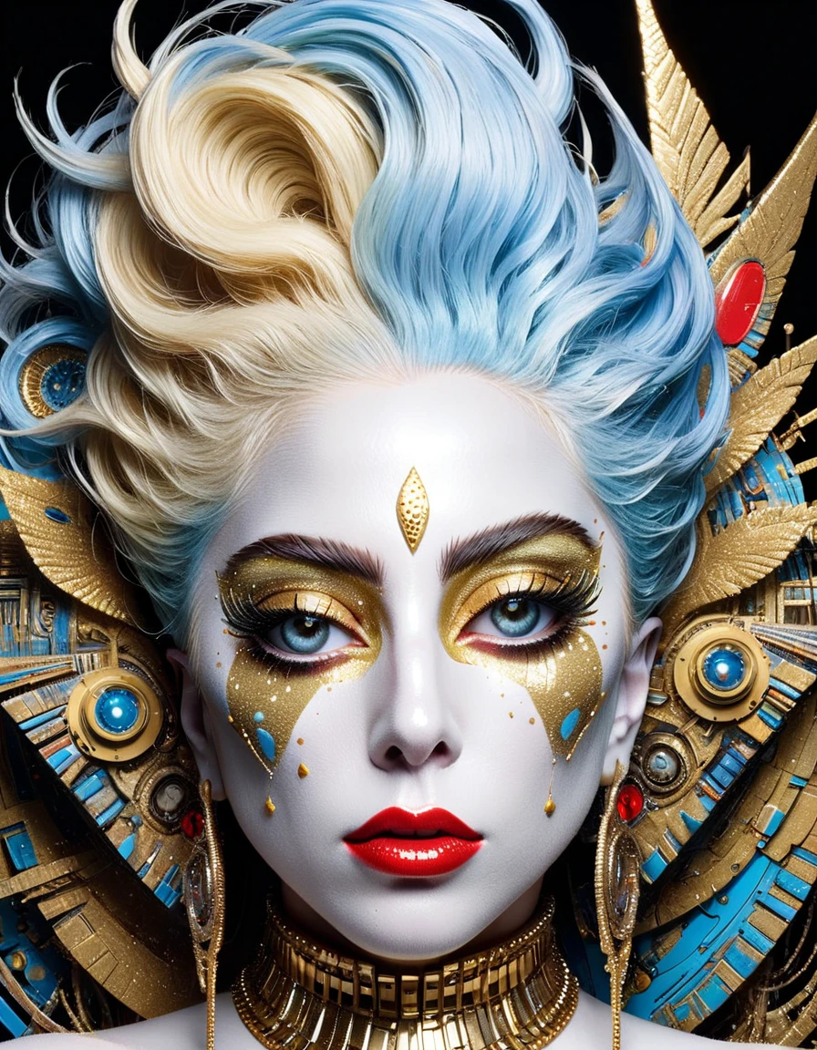 Lady Gaga In the style of cyberpunk futurism, African influence, raw etam, light blue and gold, Michael Creese, Steelpunk, Michael Hussar, white background, best quality, high quality, editorial photo, absurdists, masterpiece, intricate detail, film grain, intense red RGB fluorescent colors