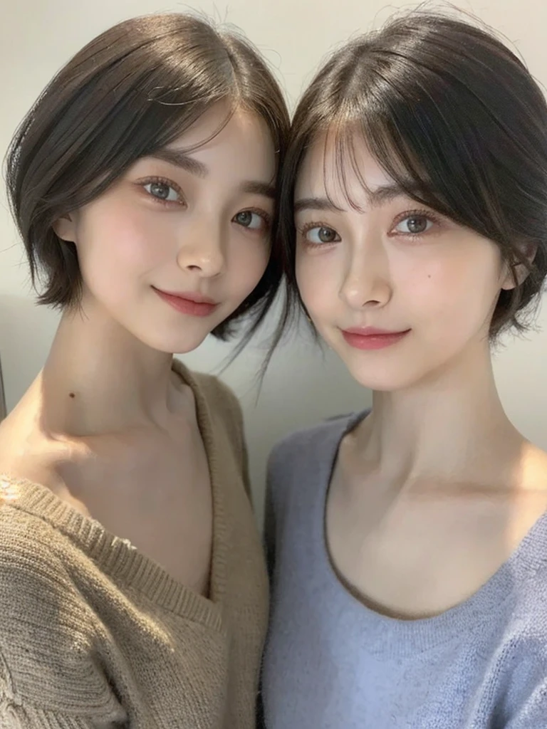(masterpiece:1.3), (8k, Photoreal, Raw photo, best image quality: 1.4), Japanese high school girl、(random hairstyle:1.2)、cleavage:1.5、super detail face、eye for details、double eyelid、chest to chest、sharp focus:1.2、Beautiful woman:1.4、light brown hair、highest quality、masterpiece、超A high resolution、(Photoreal:1.4)、Highly detailed and professionally lit smiles、loose and light knitwear、shoulder out、thin、serious expression、short haired、deadly position
similar identical twins
All the girls have the exact same face, The two have the same face and figure, as if they were mirror images.