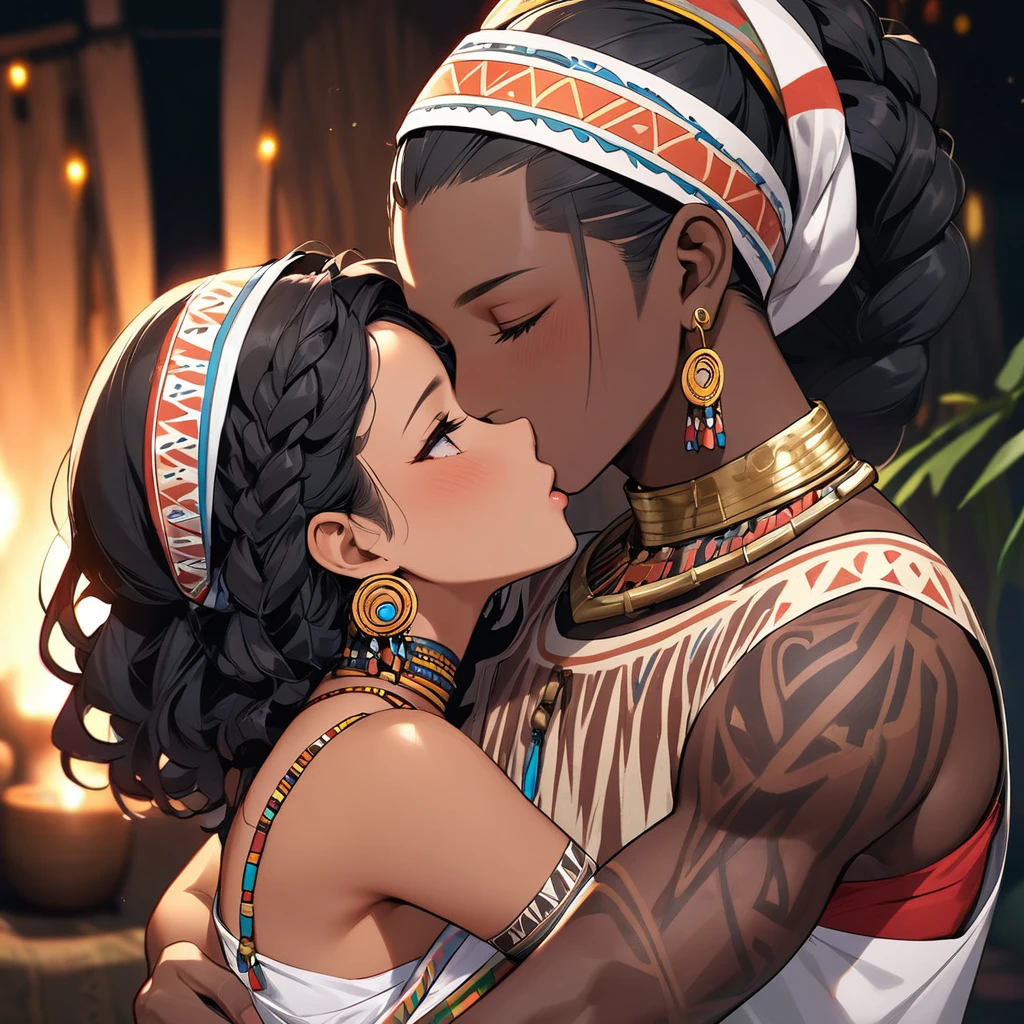 ((Highest quality)), ((masterpiece)), (detailed), (Perfect Face)、The woman is wearing the tribe's bridal attire, embracing the tribal man tightly, sharing a deep kiss, expressing their love for each other, and celebrating their wedding.、The woman has bright black skin、(Ghana braids with strong curly hair slicked back)、Black, dark skinned, African native tribal woman、The amount of hair is small、Black Hair、Very short curly hair、Ghana braid hair, finely and delicately braided into Ghana braids and slicked back、Her hair is braided and thin, and she wears a tribal headdress and a tribal headscarf.、African black woman beautifully dressed in tribal clothing, tribal earrings and tribal accessories, wearing tribal makeup、A beautiful tribal woman with tattoos all over her body、Women in tribal village night rituals、The woman's hair is dyed black by the other women in the village and styled like an African woman's.