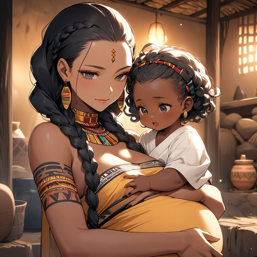 ((Highest quality)), ((masterpiece)), (detailed), （Perfect Face）、The woman has dark skin, is pregnant, and is holding a baby.、（Ghana braids with strong curly hair slicked back）、Black, dark skinned, African native tribal woman、The amount of hair is small、Black Hair、Very short curly hair、Ghana braid hair, finely and delicately braided into Ghana braids and slicked back、A black African woman with braided hair, low volume, tribal earrings and tribal accessories, beautifully dressed and wearing tribal makeup、A beautiful tribal woman with tattoos all over her body、Women in tribal village night rituals、The woman&#39;s hair is dyed black by the other women in the village and styled like an African woman&#39;s.