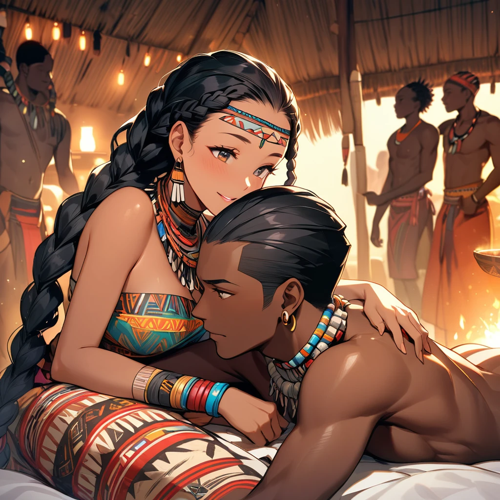 ((Highest quality)), ((masterpiece)), (detailed), (Perfect Face)、The woman, with her vibrant dark skin, is happily nestled next to her husband, a man from the tribe.、(Ghana braids with strong curly hair slicked back)、Black, dark skinned, African native tribal woman、The amount of hair is small、Black Hair、Very short curly hair、Ghana braid hair, finely and delicately braided into Ghana braids and slicked back、A black African woman with braided hair, low volume, tribal earrings and tribal accessories, beautifully dressed and wearing tribal makeup、A beautiful tribal woman with tattoos all over her body、Women in tribal village night rituals、The woman's hair is dyed black by the other women in the village and styled like an African woman's.