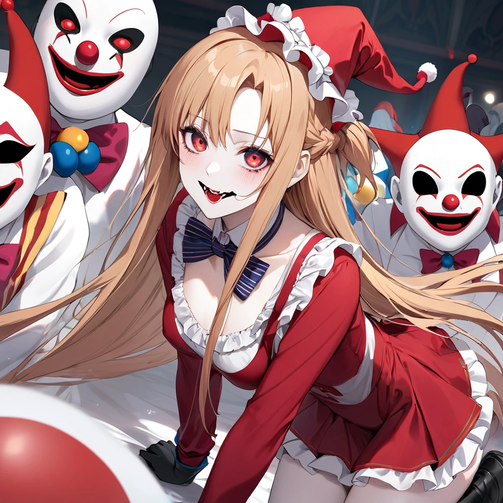 ((Highest quality)), ((masterpiece)), (detailed), (Perfect Face)、((The woman is Yuuki Asuna, with light brown, medium-long hair, pure white skin, and a creepy clown mask.))、The woman is an evil clown wearing a risque black rubber V-neck leotard, long black rubber boots, long black rubber gloves, lots of frills and clown decorations, a clown collar, a clown jester hat, a swallowtail skirt, and makeup on her clown face and red nose.、The woman is a wicked and lewd clown, a minion of an evil organization.、An evil circus troupe is gathering
