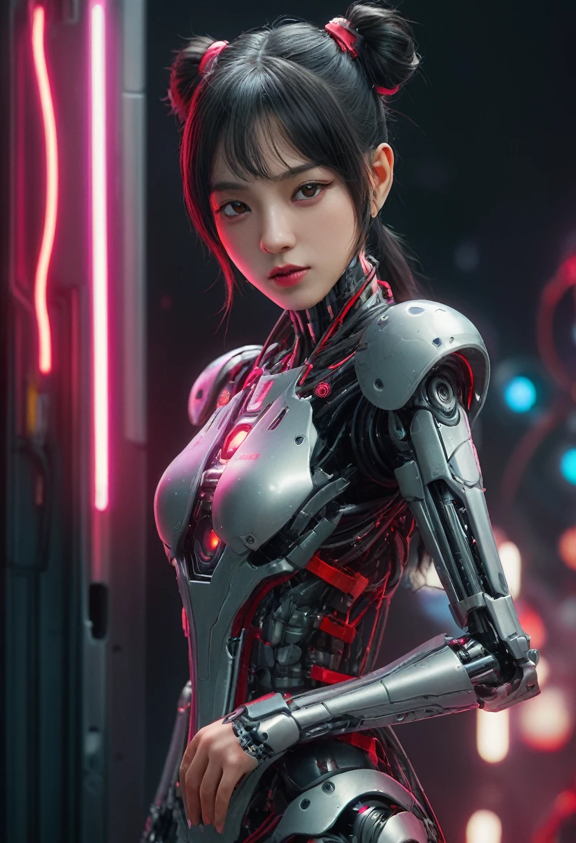 xxmixgirl. Highly detailed professional 35mm film, bokeh, face in sharp focus. A robotic female, Miku, with ((metal skin)), ((perfect Asian eyes)) with magenta irises and ((black pupils)), beautiful serious (detailed face), 18 year old ((photorealistic face)), very long magenta twin tails of magenta hair, twin black hair ties with a single red stripe. She may have a black audio headpiece. We can see her ((full body)) down to her boot soles. Her outfit is a sleeveless collared light grey shirt, outlined in red around the frilled collar and hems. Shiny reflective ((metallic breast cups, dimpleless)), invisible nipples. She wears black sleeves with red hems that start around her upper arm and bellow out as the sleeves open and extend to her wrists, with wide trumpet red rimmed cuffs. She has perfect robotic (detailed hands). She wears a red colored tie with two horizontal solid parallel black lines halfway across. She wears a fabric black skirt with a horizontal red hem at the bottom all the way around; her (((black skirt wraps around her))) and ((her skirt completely covers)) her robotic waist and thighs. Tall black boots with red bottom soles, a red rim around the top at her thighs. Her mechanical shoulder joints are visible. We can see her robotic legs and robotic neck. Half of her is covered with shiny polished machinery. The background is a distant dark neon futuristic Japanese city, gold, cyan, violet neon, near harbor or mountains.