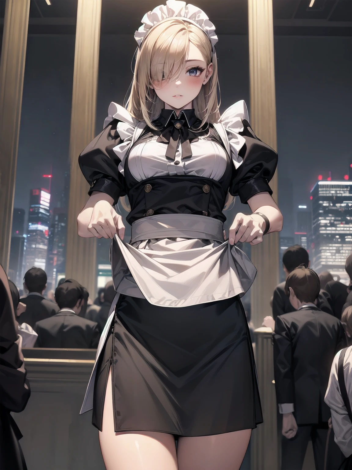 Highly detailed CG Unity 8k wallpaper, Top quality, Highly detailed, Masterpiece, Highly detailed pretty girl, 8 years old, (((lifting skirt by herself))), (lifting skirt by herself)), dynamic angles, sexy pose, blush, lips apart, looking at audience, half body shot, (crowd), (crowded big city)), hair over one eye, immaculate beauty, less revealing maid outfit, classical maid fashion