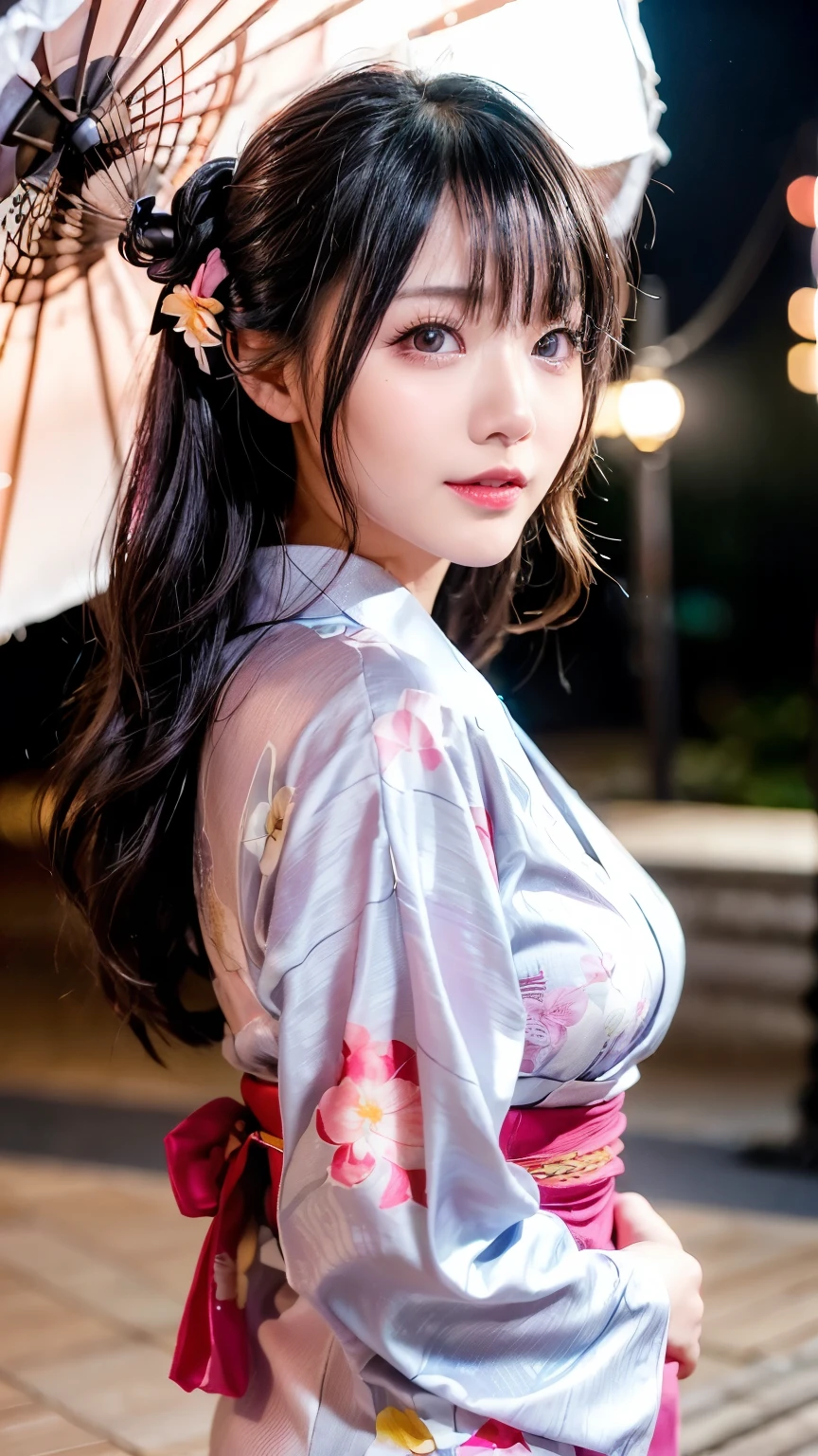 (logo、masterpiece、8k、Tabletop、RAW Photos、wonderful、最high quality、フォトリアリスティックでVery detailedな CG 複合 8k 壁紙、high quality、Very detailed、Narrative poem、Particle Effects、Dynamic Effects、Depth of the Boundary、Cinematic Light、Lens flare、Ray Tracing)、 (One beautiful woman wearing a yukata、White yukata、Light purple pattern)、Black-haired、High definition skin、Very fine、Fine skin texture、Beautiful Face、True Face、Beautiful details in the eyes、Realistic eyes、Beautifully detailed eyes、Realistic Skin、Beautiful Skin、Surreal、Smiling Eyes、Hair and light eyes、vivid、Colorful lights and bokeh、plump lower lip、Pink Lips、Hair flutters in Wind、Hair bounces、wonderful景色、night、evening、Wind、moonlight、moonlight、light