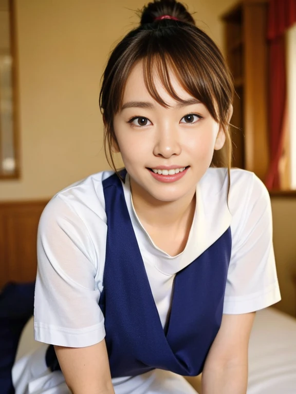 (Masterpiece, Best quality: 1.4), (Ultra realistic, Photo-realistic: 1.2), Full body, Natural light, 25 years old school girls, Japanese women, Neat and clean, School, (Sailor suit), (ponytail:1.2), Light brown hair color, (Beautiful Face), Oval face, clear, (Beautiful eyes, Kind eyes), (Clear skin), Small face, (Small mouth, Beautiful mouth), Natural makeup, Approachable, Luxury hotel Suite room, On bed, (nsfw:1.2), Seductive smile, (Seductive pose:1.2), (Beautiful thighs:1.2), Bedroom eyes,