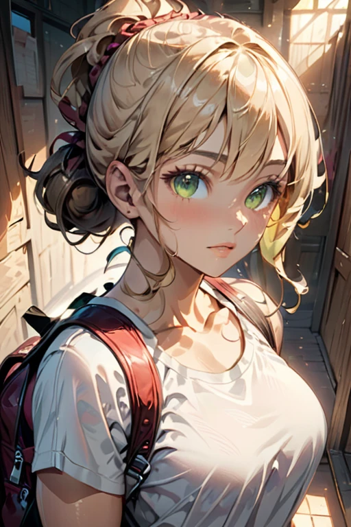 college woman; Athletic and toned physique; naturally attractive with delicate features; long, wavy blonde hair often tied back; striking green eyes; fair skin with a light tan; best quality; soft blur background; trending on artstation; complex volumetric lighting; strong shadows; artistic lighting; dynamic; energetic vibe; realistic skin; specular highlights; micro-textures; highly detailed hair; casual clothing carrying a backpack