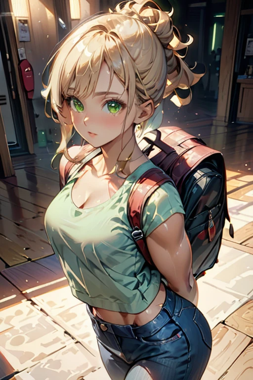 college woman; Athletic and toned physique; naturally attractive with delicate features; long, wavy blonde hair often tied back; striking green eyes; fair skin with a light tan; best quality; soft blur background; trending on artstation; complex volumetric lighting; strong shadows; artistic lighting; dynamic; energetic vibe; realistic skin; specular highlights; micro-textures; highly detailed hair; casual clothing carrying a backpack