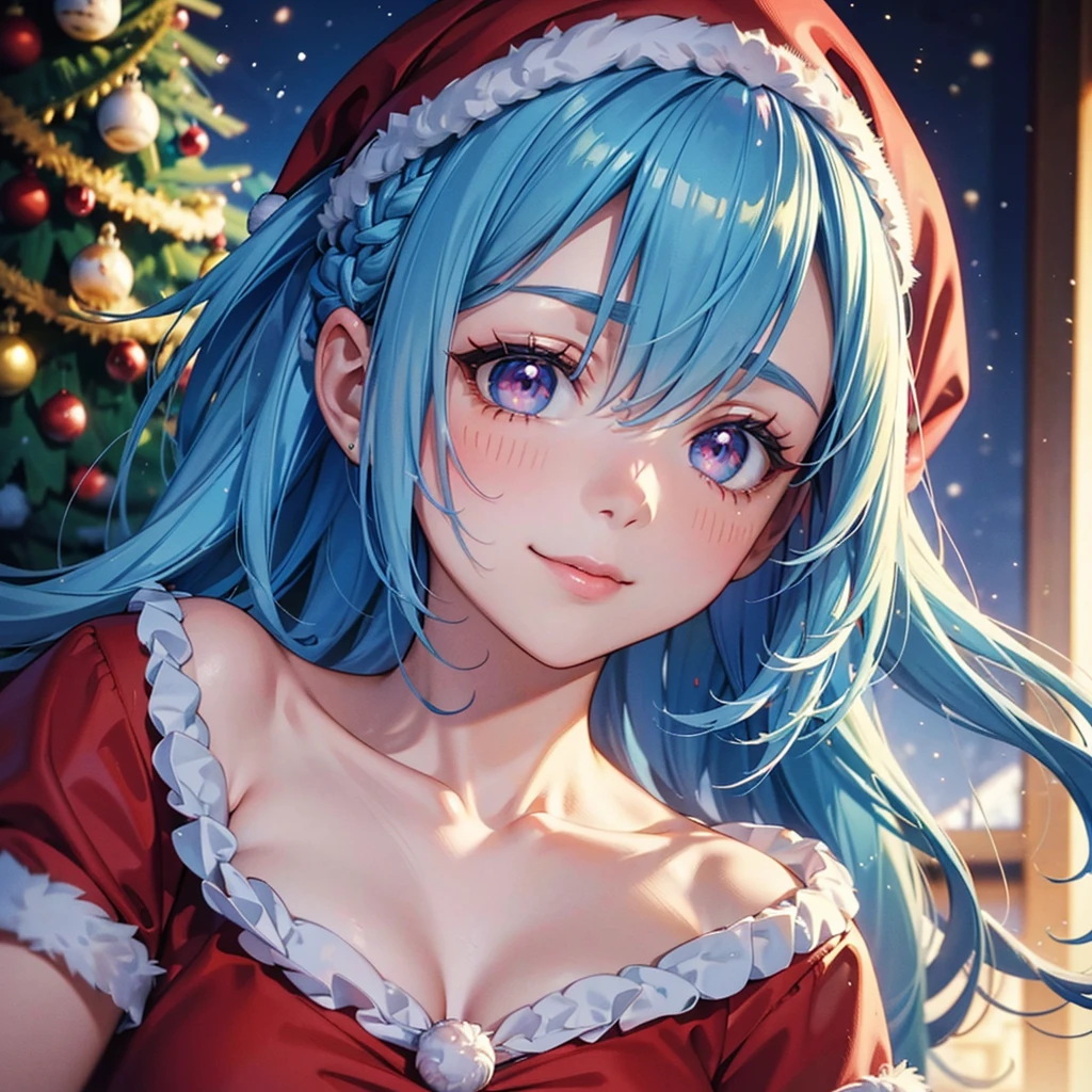 (Sky blue hair),(Braided short hair), (Pink Eyes),Fair skin) ,(whole body),(A huge towering Christmas tree),(A girl underneath),(Santa Claus clothes),(Cute smile),Santa Claus hat,(Christmas Party),(masterpiece, Highest quality, Very detailed, Best Shadow), (Detailed Background), (Beautifully detailed face), High Contrast, (Best lighting, Very delicate and beautiful), ((Cinematic Light)), Hyper Detail,8k, Dramatic Light, Intricate details,