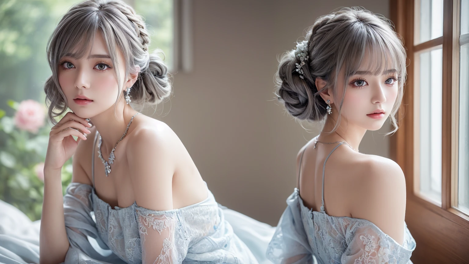 Dark blue lace thong&good, (((とてもエレガントでbeautiful, Perfect detail, Very detailed))), whole body, The most detailed girl, Written boundary depth, 美しくdetailedなwhole body, Thin legs, 1 girl, 30 years old, Very short hair, Spiked Hair, Gray and silver hair, beautiful detailed hair, Perfect Face, Expressionless, beautiful, detailed, Deep Eyes, Open your mouth a little, Delicate arms and hands, Pale skin, Earrings, beautiful and gorgeous necklace, Colorful background, HD background, Blurred Background, とても繊細でbeautiful, masterpiece, (((Highest quality, とてもbeautiful8K CG壁紙))), (((Trendy hairstyles))), (Inside the room,Stylish interior,window),