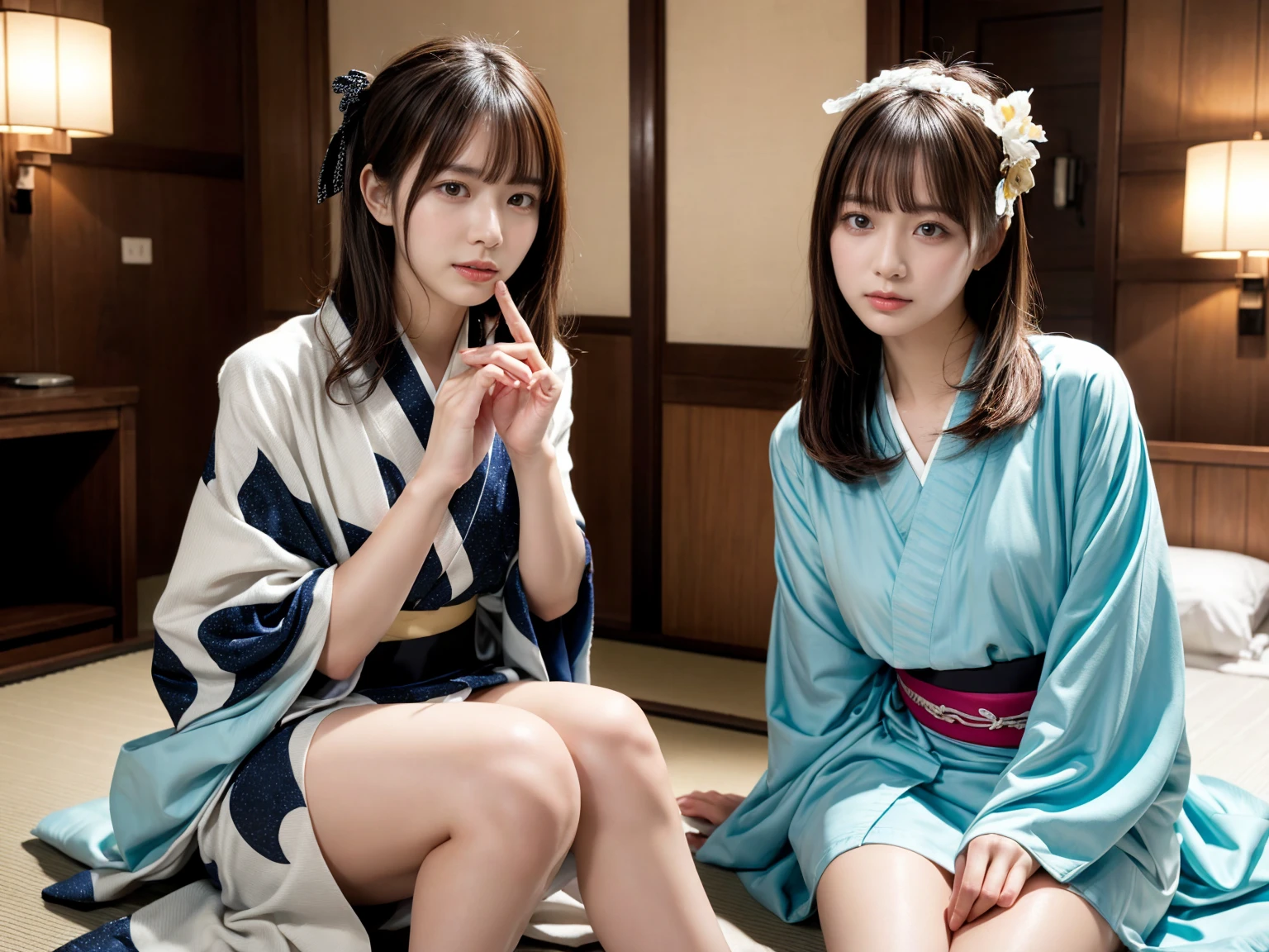 Two high school girls, lesbian, Japan yukata, no bra, no panties, legs spread wide