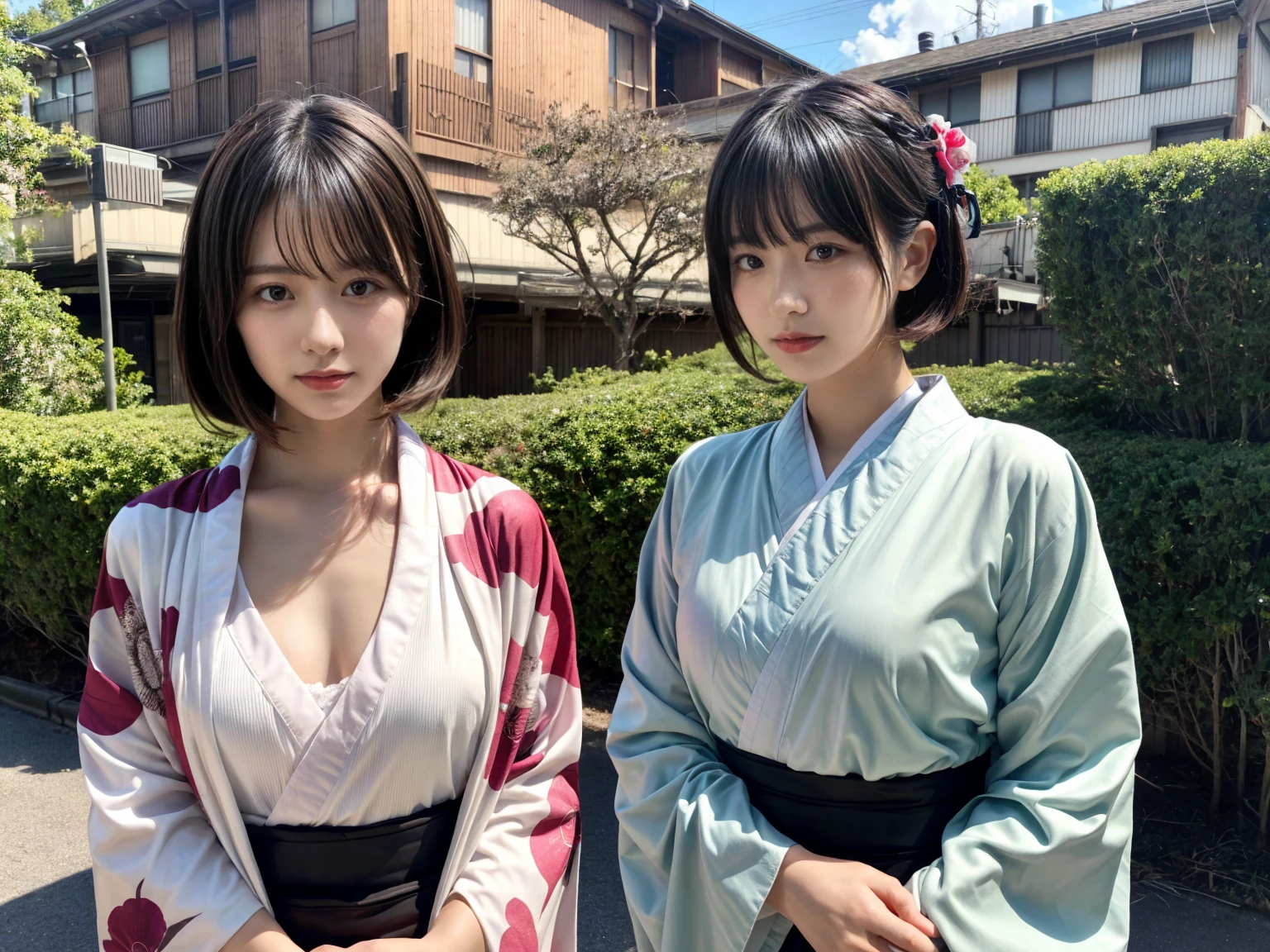 masterpiece, best quality, illustration, Super detailed, fine details, High resolution, 8K,wall paper, perfect dynamic composition,(Details High quality, realistic depiction of eyes:1.3), (2 girls), (idol, kimono:1.3), short bob hair, medium breasts, black hair color, Big Natural Color Lip, bold sexy pose, crying a little、Harajuku style、30 year old girl、cute type、ta、beautiful legs, hotel room, hposing Gravure Idol
