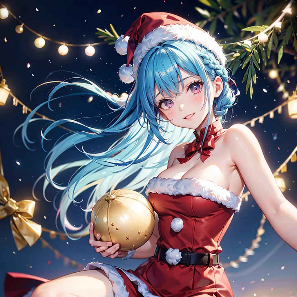 (Sky blue hair),(Braided short hair), (Pink Eyes),Fair skin) ,(whole body),(1 giant Christmas tree),(A girl underneath),(Santa Claus clothes),(Cute smile),Santa Claus hat,(Christmas Party),(masterpiece, Highest quality, Very detailed, Best Shadow), (Detailed Background), (Beautifully detailed face), High Contrast, (Best lighting, Very delicate and beautiful), ((Cinematic Light)), Hyper Detail,8k, Dramatic Light, Intricate details,