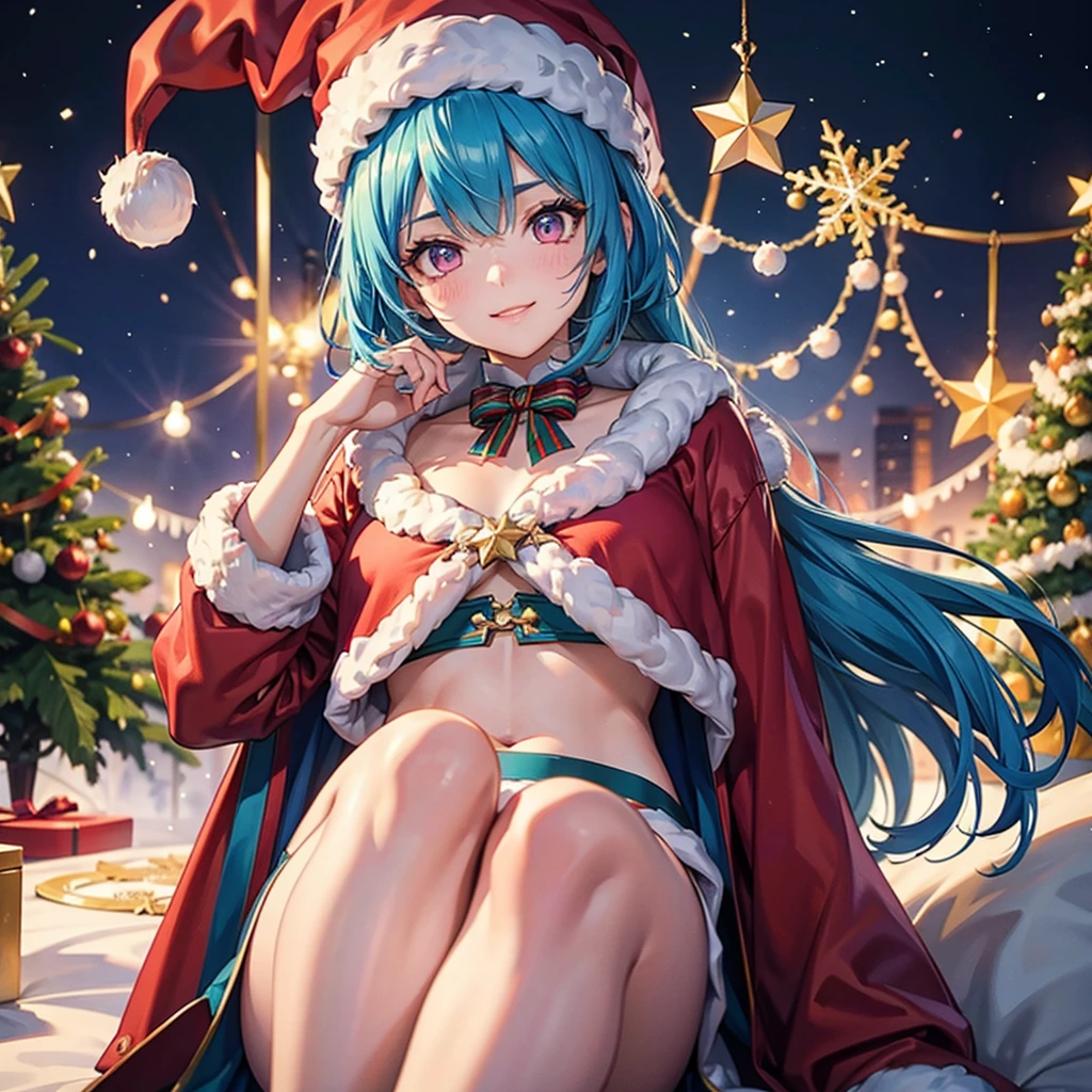 (Sky blue hair),(Braided short hair), (Pink Eyes),Fair skin) ,(whole body),(1 giant Christmas tree),(A girl underneath),(Santa Claus clothes),(Cute smile),Santa Claus hat,(Christmas Party),(masterpiece, Highest quality, Very detailed, Best Shadow), (Detailed Background), (Beautifully detailed face), High Contrast, (Best lighting, Very delicate and beautiful), ((Cinematic Light)), Hyper Detail,8k, Dramatic Light, Intricate details,