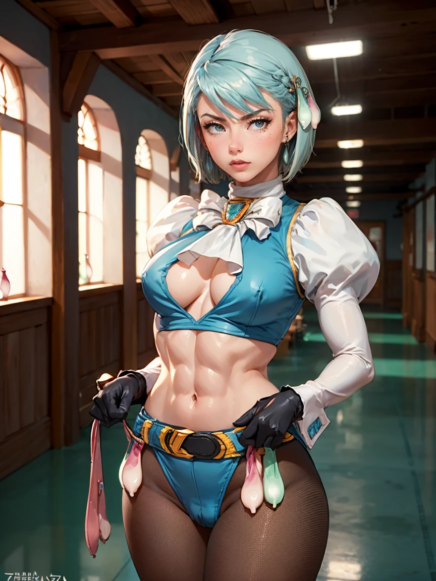 8k, ray tracing, vibrant colors, (1girl, solo), (aafranziska, light blue hair:1.5), black ascot, puffy sleeves, black pencil skirt, pantyhose, black gloves, jewelry, earrings, slim figure, masterpiece, sharp focus, Best Quality, depth of field, cinematic lighting, very detailed clothes, (used condoms, condom belt, used condom belt, condom hair ornament:1.6), abs, ((so embarrassed, blush)), elbow gloves, Perfect eyes, perfect hair, Rich in details and textures, masterpiece, Best Quality, beautiful girl, Sun light, chiaroscuro, (perfect hands:0.7, Clean hands:0.7), ((((Professional photography)))), ((Dream)), Whole body