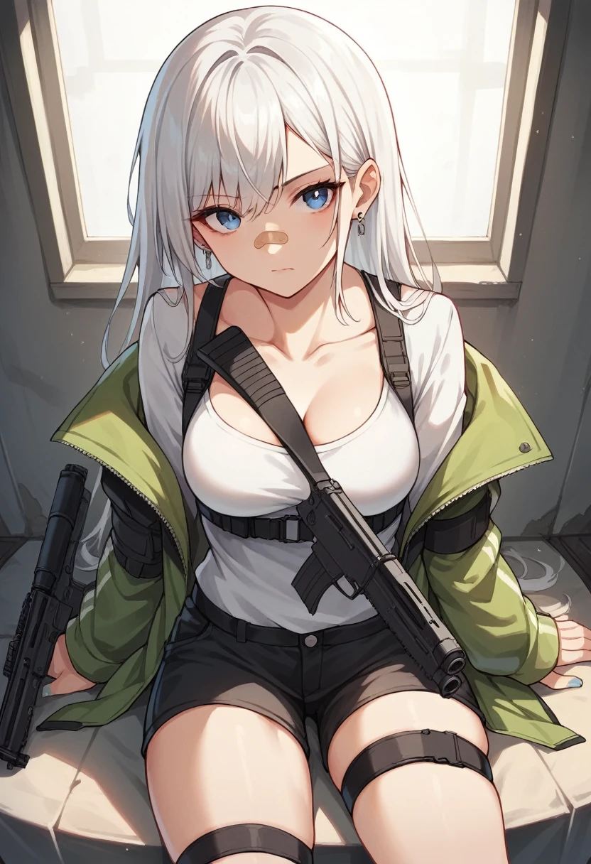 anime girl with a gun, laying, white panty, torn clothes, :o, saliva, peeing, closed eyes, full body, medium breast, scenery, perfect proportion