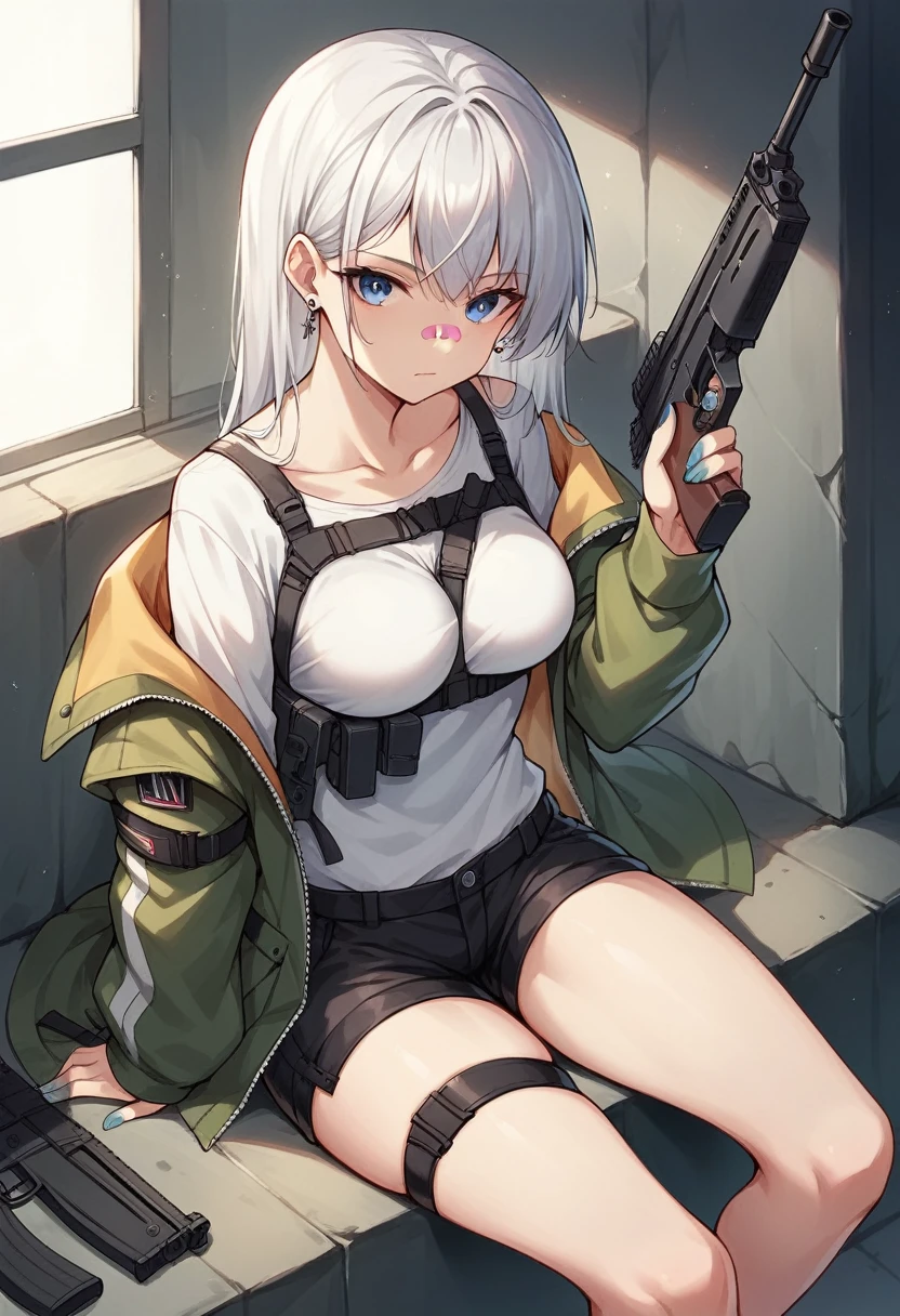 1girl, solo, long hair, breasts, looking at viewer, bangs, blue eyes, shirt, long sleeves, holding, jewelry, medium breasts, sitting, closed mouth, collarbone, jacket, white shirt, weapon, white hair, earrings, open clothes, shorts, indoors, off shoulder, nail polish, holding weapon, open jacket, gun, short shorts, thigh strap, from above, black shorts, between breasts, holding gun, bandaid, rifle, handgun, bandaid on face, assault rifle, trigger discipline, harness, bandaid on nose