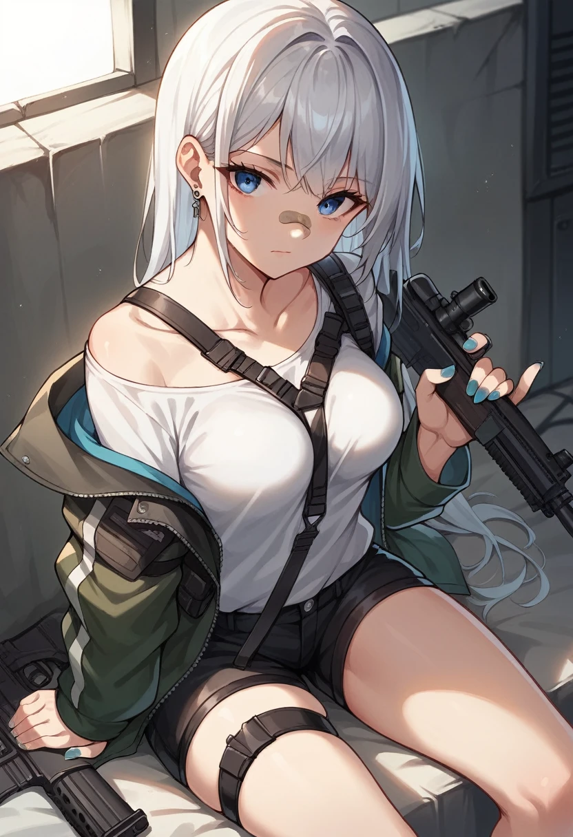 1girl, solo, long hair, breasts, looking at viewer, bangs, blue eyes, shirt, long sleeves, holding, jewelry, medium breasts, sitting, closed mouth, collarbone, jacket, white shirt, weapon, white hair, earrings, open clothes, shorts, indoors, off shoulder, nail polish, holding weapon, open jacket, gun, short shorts, thigh strap, from above, black shorts, between breasts, holding gun, bandaid, rifle, handgun, bandaid on face, assault rifle, trigger discipline, harness, bandaid on nose