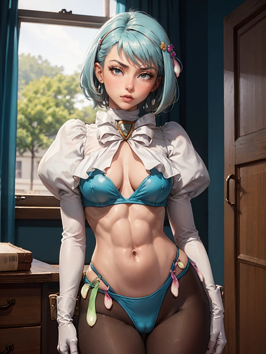 8k, ray tracing, vibrant colors, (1girl, solo), (aafranziska, light blue hair:1.5), black ascot, puffy sleeves, black pencil skirt, pantyhose, black gloves, jewelry, earrings, slim figure, masterpiece, sharp focus, Best Quality, depth of field, cinematic lighting, very detailed clothes, (used condoms, condom belt, used condom belt, condom hair ornament:1.6), abs, ((so embarrassed, blush)), elbow gloves, Perfect eyes, perfect hair, Rich in details and textures, masterpiece, Best Quality, beautiful girl, Sun light, chiaroscuro, (perfect hands:0.7, Clean hands:0.7), ((((Professional photography)))), ((Dream)), Whole body