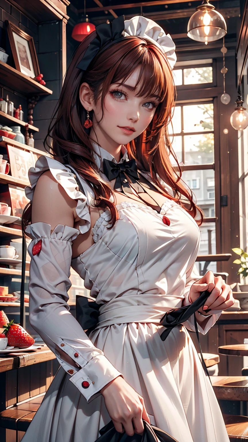 Promotional Photos, The location is a coffee shop, 1 girl, The face of a 16 year old, The waitress is bringing the cake to the table, Red hair twin tails, Kind Face, A strawberry-inspired half-gothic ta and half-maid costume, White-based clothing,