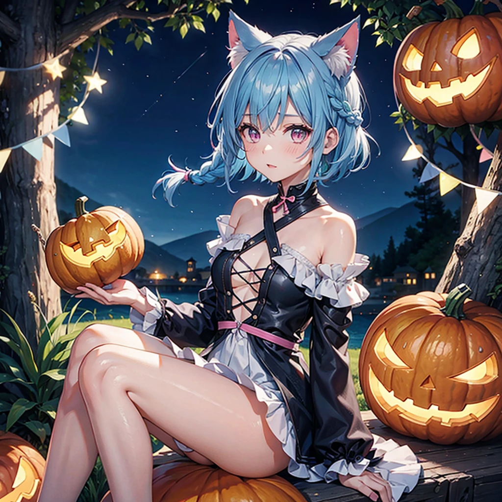 (Sky blue hair),(Braided short hair), (Pink Eyes),Fair skin) ,(whole body),(One Girl),(There are lots of pumpkin ghosts in the background),Cat ear,Cat's Tail,(Sailor suit),(Ahegao),(Fall into Darkness),If you don't give me sweets, I'll play a prank on you.),Halloween Night Party),(masterpiece, Highest quality, Very detailed, Best Shadow), (Detailed Background), (Beautifully detailed face), High Contrast, (Best lighting, Very delicate and beautiful), ((Cinematic Light)), Hyper Detail,8k, Dramatic Light, Intricate details,night,(Bats flying in the background),High quality