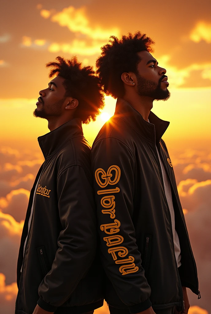 (two black guys, one of 18:1.1, other 16),ultra-detailed,realistic:1.37,Outer space,tall and muscular,singing inside the golden studio above the clouds,black coats with Big trippin written on it,portraite,studio lighting,bright coloured,energetic vibes
