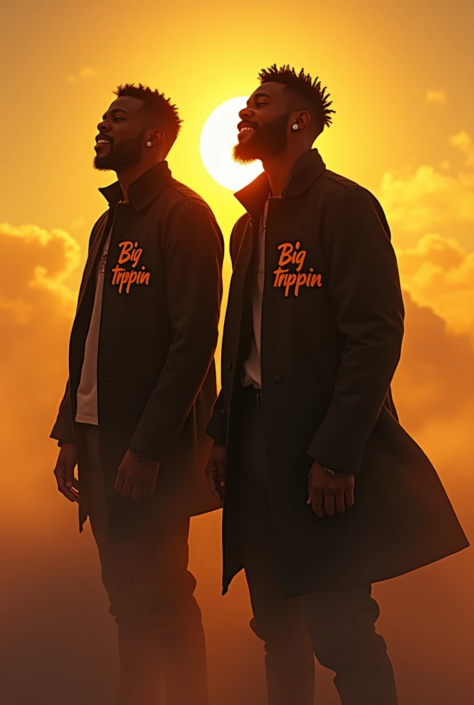 (two black guys, one of 18:1.1, other 16),ultra-detailed,realistic:1.37,Outer space,tall and muscular,singing inside the golden studio above the clouds,black coats with Big trippin written on it,portraite,studio lighting,bright coloured,energetic vibes
