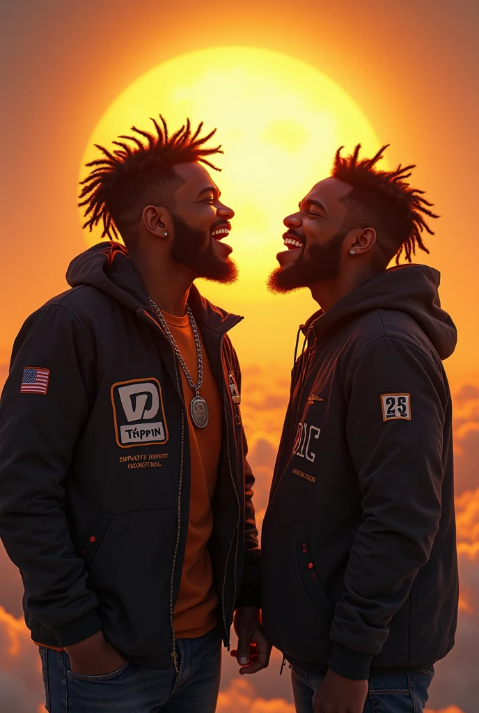 (two black guys, one of 18:1.1, other 16),ultra-detailed,realistic:1.37,Outer space,tall and muscular,singing inside the golden studio above the clouds,black coats with Big trippin written on it,portraite,studio lighting,bright coloured,energetic vibes