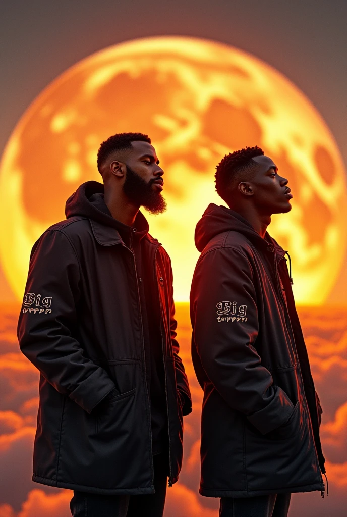 (two black guys, one of 18:1.1, other 16),ultra-detailed,realistic:1.37,Outer space,tall and muscular,singing inside the golden studio above the clouds,black coats with Big trippin written on it,portraite,studio lighting,bright coloured,energetic vibes
