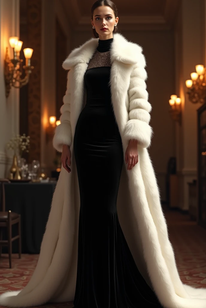 long, black velvet dress paired with a white 
fur coat