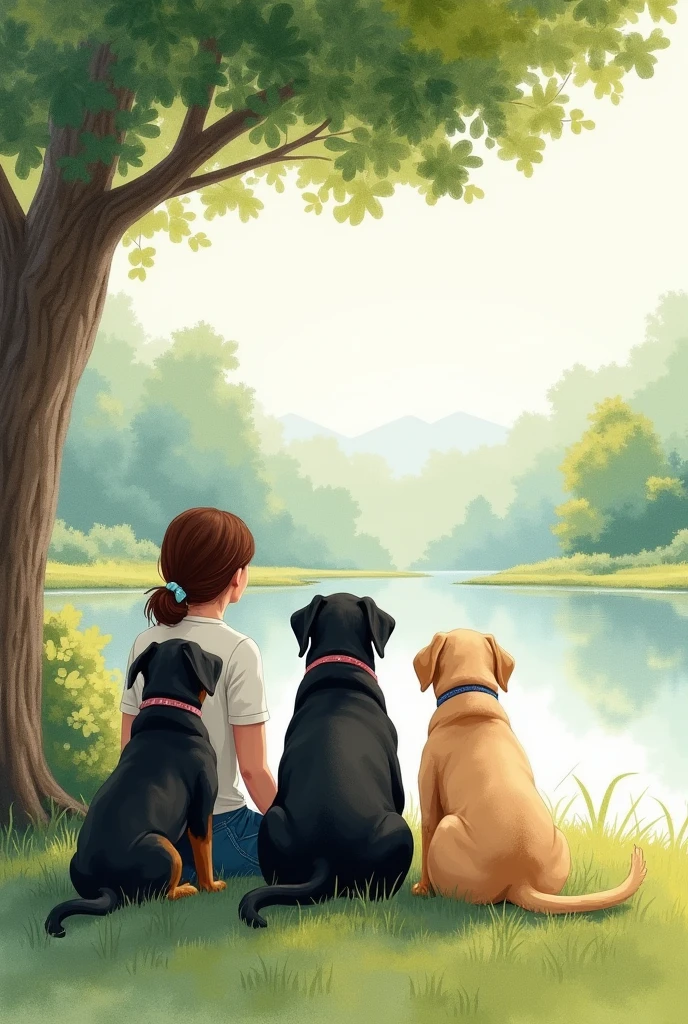 A woman and two chubby female Rottweiler dogs and a Labrador dog sitting with their backs to each other under a tree in the distance watching a watercolor landscape