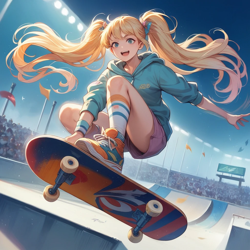 Masterpiece, top quality, highly detailed, extremely detailed, ultra realistic, anime style illustration with bold brush strokes. Cinematic lighting, girl flipping during skateboarding competition, blonde pigtails, smiling face, motion blur.