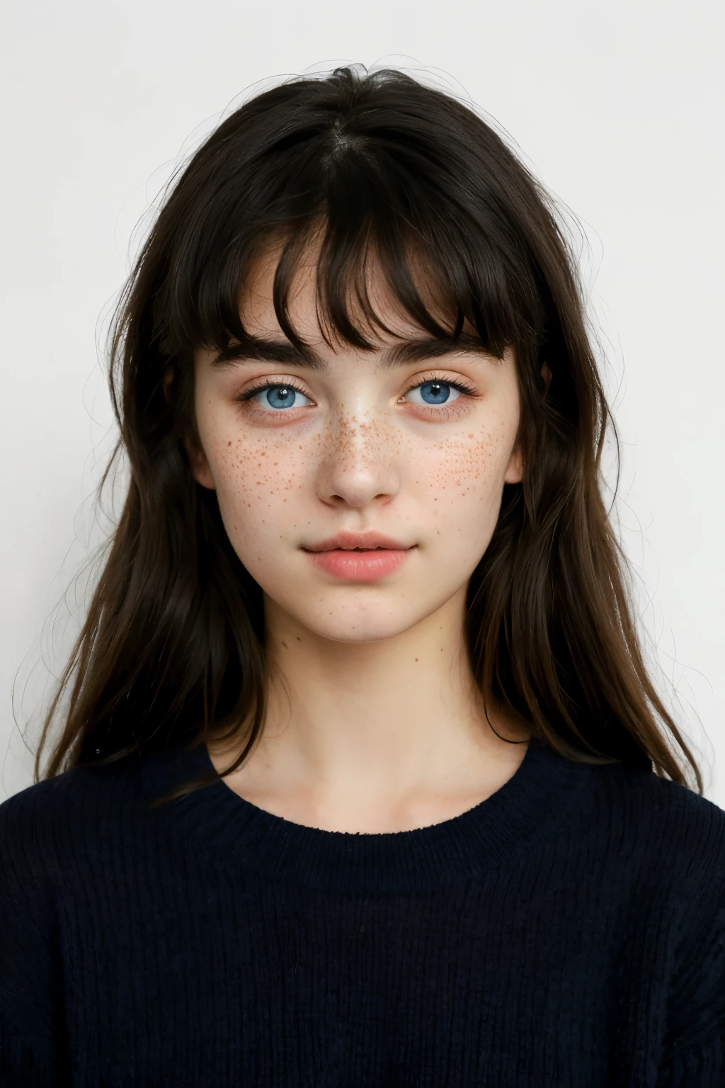 ((best qualityer)), ((work of art)), (detailded), 1 girl, ombro to ombro sweater, very black hair, blue colored eyes, western, fully body, well-marked freckles on the cheeks
