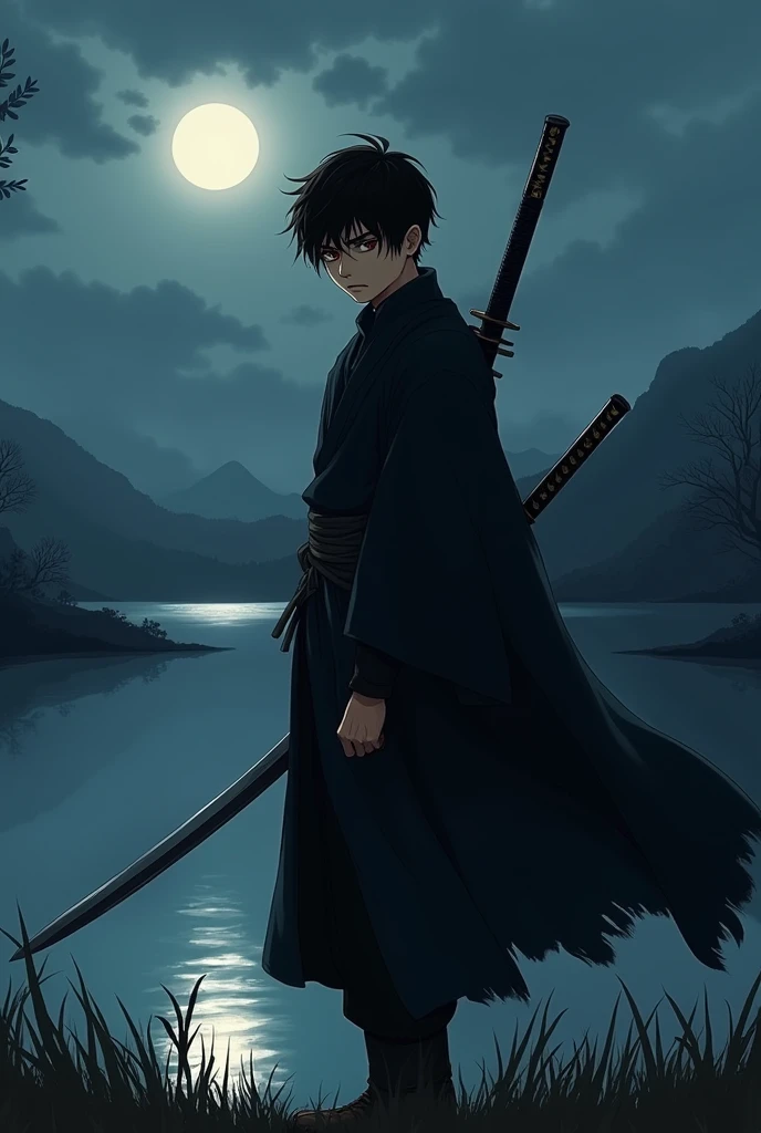 Create an image of a slightly muscular 19 year old white male with black hair, just like Miyamoto Musashi from Vagabond, eyes browns, looking tired and angry, com altura de 1.80 meters, wearing light black clothes covering the body and a cape, holding a katana near a lake at night