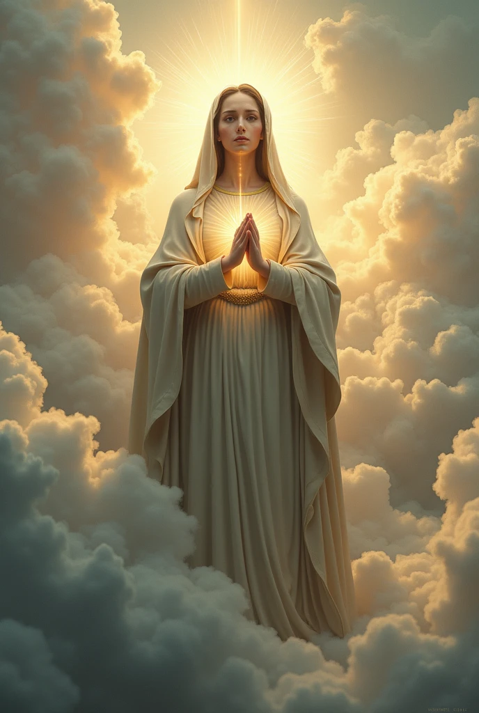 (photorealism:1.2), beautiful virgin Mary with tears in her eyes while praying in the clouds, wearing pitch queen clothes with light in his head and heart spreading all over in the clouds, perfect virgin Mary, real virgin Mary, perfect five hands, perfect tears face, elegant, soft lighting, many clouds, stand straight, realistic, intricate details, warm colors,