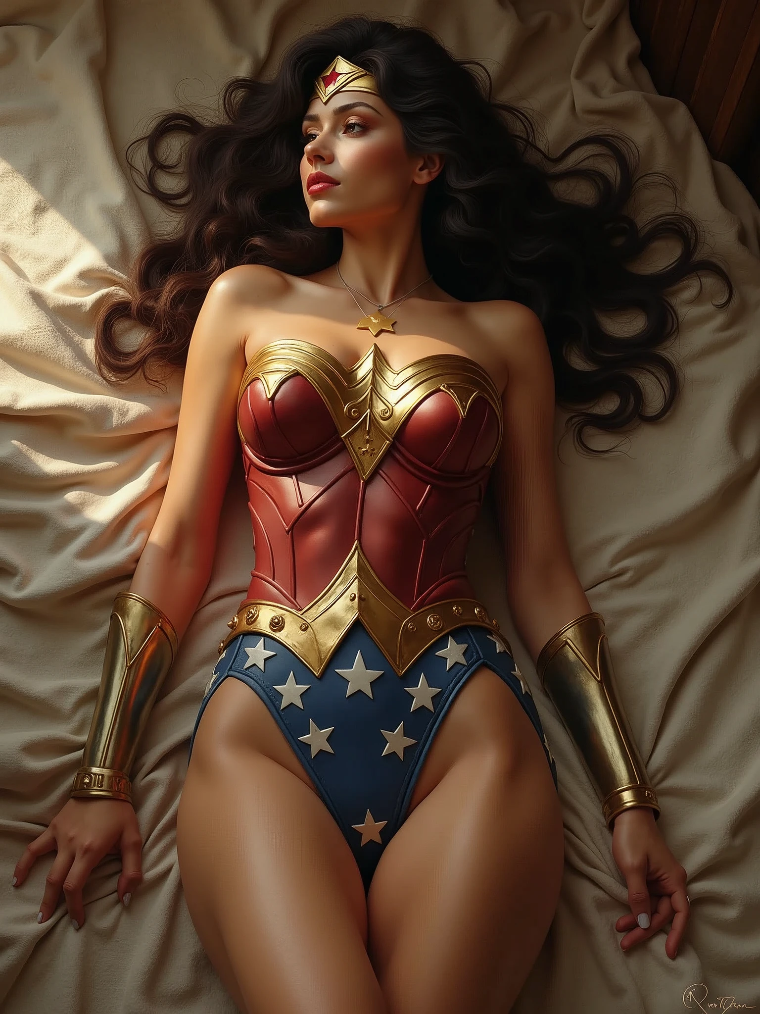 Wonder Woman naked and lying down with her legs open