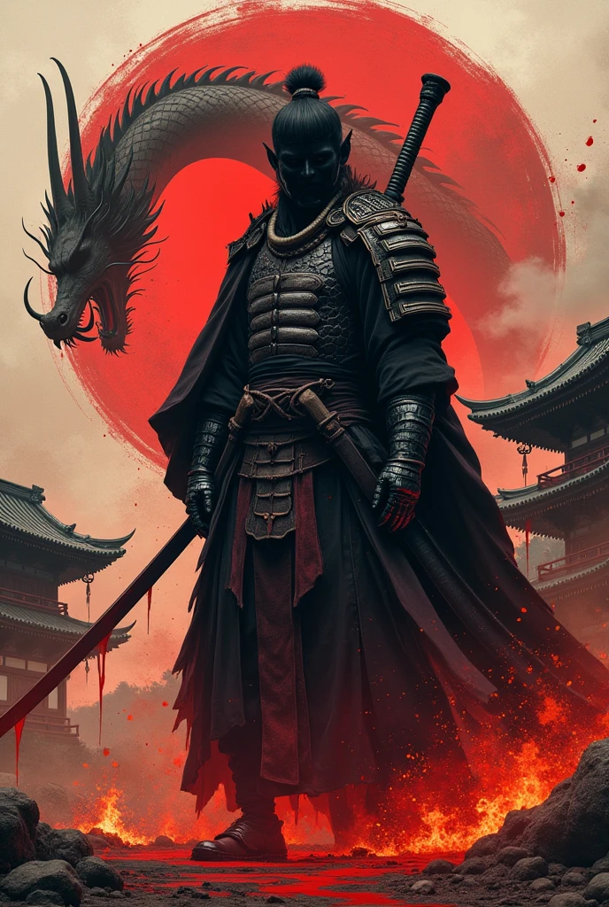 an postmodern samurai covered in blood with a dragon behind him, with fire and old japan builds as the scenery
