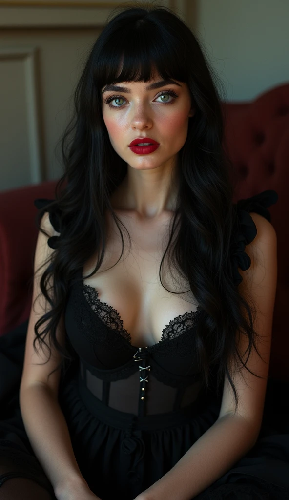 A strikingly beautiful 18yo Italian girl with long, jet-black hair and blunt bangs sits confidently. Her large, expressive ice blue eyes are framed by bold, arched eyebrows and she wears subtle, yet precise, makeup with dark eyeliner and dark red lipstick. Beautiful detailed eyes, beautiful detailed lips, long eyelashes, slightly tanned skin, flawless complexion, graceful posture, sensual aura, alluring smile, nose ring, beautifull dress, gigantic  in a Tight black dress, wearing an ornate outfit, ornate dress, intricate dress, elegant corset, ornate and elegant, extravagant dress, inspired by Hedi Xandt, ornate attire, intricate outfit, ornate royal gown, ornate clothing, ornate gown, intricate and elegant, intricate detailed dress, ornate, royal dress, detailed hand, , (detailed skin texture, detailed cloth texture), model shoot style, full shot body photo of the most beautiful artwork in the world, highly detailed illustration, walking through a dark at midnight, deep focus, d & d, fantasy, intricate, elegant, highly detailed, digital painting, artstation, concept art, sunset, matte, sharp focus, pouty lips, ultrarealistic, shot in the style of Wes Anderson, Mysterious and  atmosphere